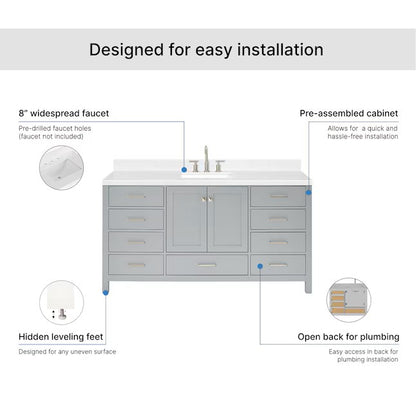 (New) ARIEL Cambridge 66-in Gray Undermount Single Sink Bathroom Vanity with Carrara White Quartz Quartz Top