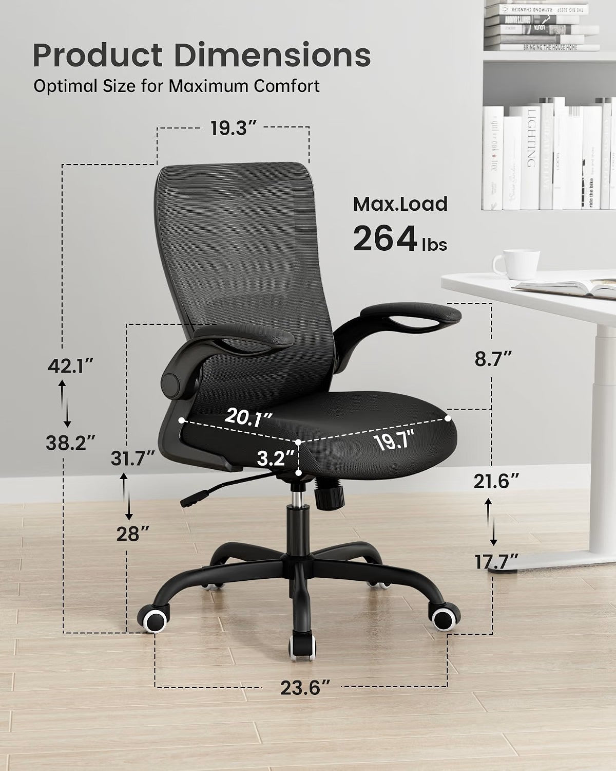 (New) Office Chair, Ergonomic Desk Chair with Adjustable Lumbar Support and Flip up Armrest, Breathable Mesh Computer Chair for Home Office, Black