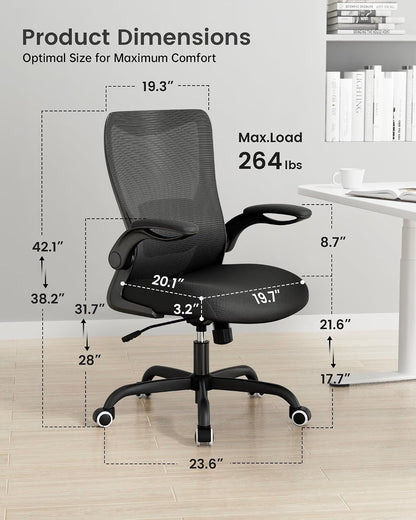 (New) Office Chair, Ergonomic Desk Chair with Adjustable Lumbar Support and Flip up Armrest, Breathable Mesh Computer Chair for Home Office, Black