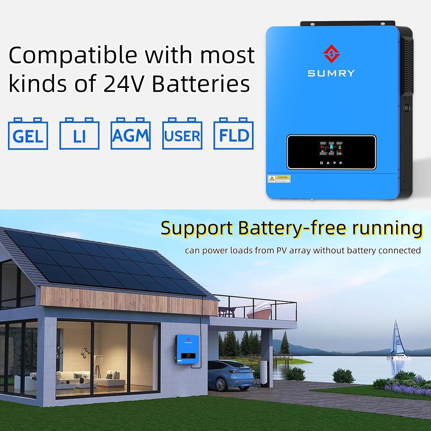 SUMRY Hybrid Solar Inverter Charger 3600W DC24V to AC110V Voltage Converter