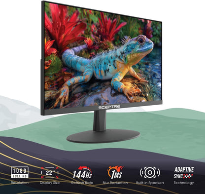 New Sceptre 22-Inch Gaming Monitor, FHD 1080p, Up to 144Hz, HDMI, DisplayPort, Built-in Speakers, Machine Black