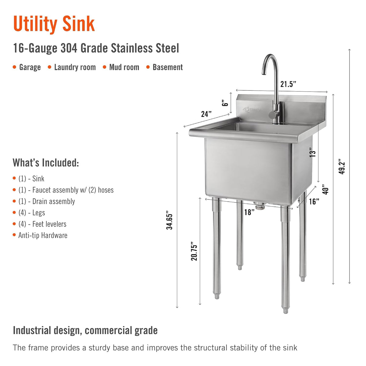 (New) Trinity Stainless Steel Utility Sink