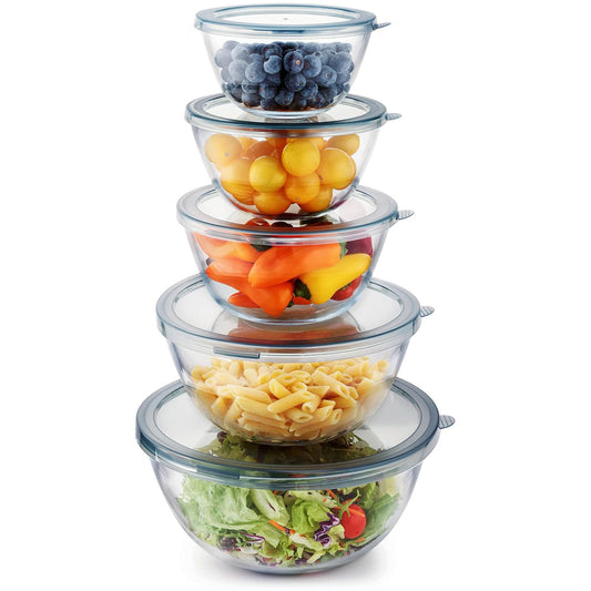 (New) 5pc Glass Mixing Bowls with Lids Set (4.65QT, 2.80QT, 1.64QT, 1.16QT, 0.85QT), Nesting Salad Bowl, Large Glass Mixing Bowl for Cooking, Baking, Prepping-Dishwasher Microwave Freezer Safe
