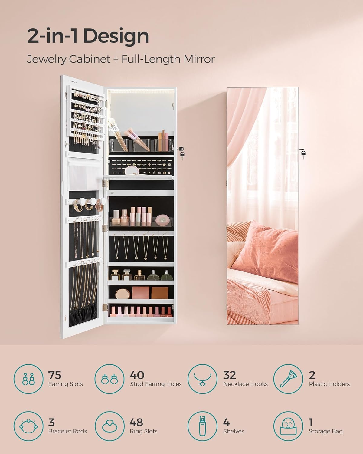 SONGMICS 55 Inches Tall Spacious Jewelry Cabinet