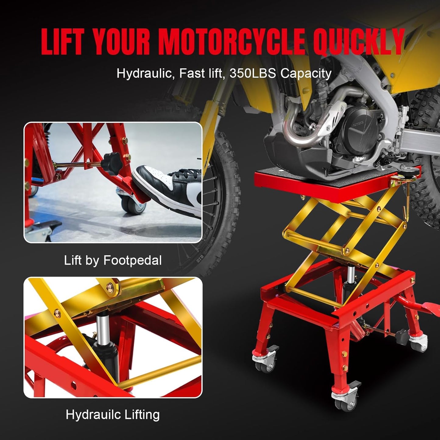 (New) Jack Boss 350 lbs Motorcycle Lift Jack Table, Hydraulic Foot-Operated Scissor Lift Jack for ATV Dirt Bike, Motorcycle Stand with 4 Wheels