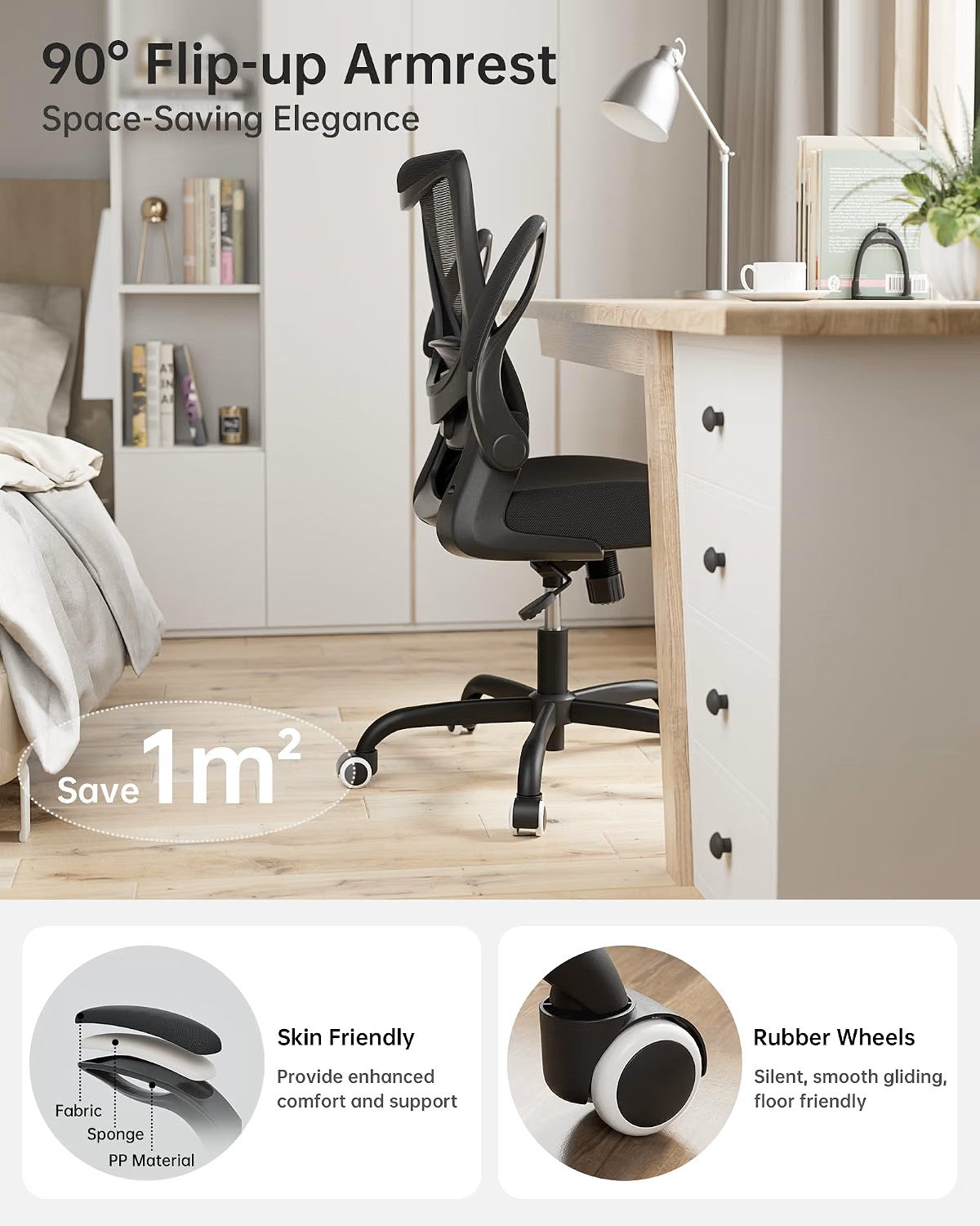 (New) Office Chair, Ergonomic Desk Chair with Adjustable Lumbar Support and Flip up Armrest, Breathable Mesh Computer Chair for Home Office, Black
