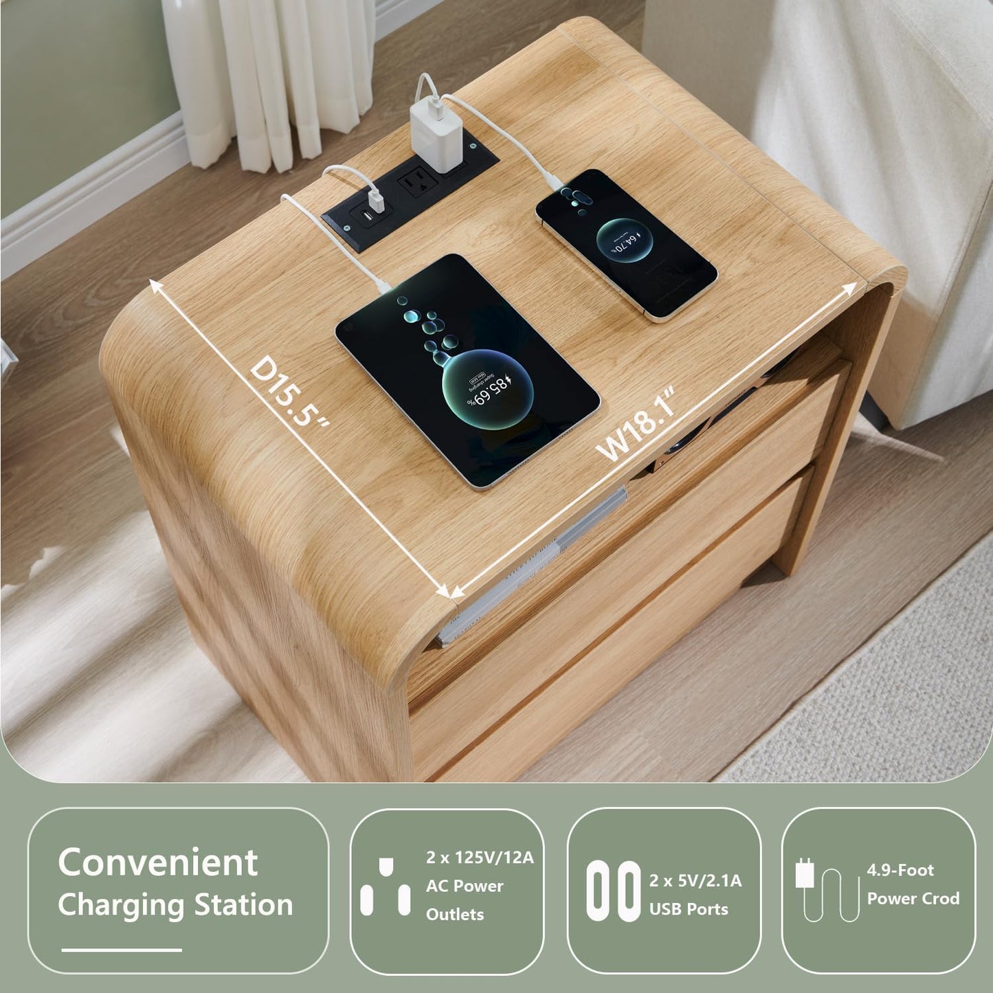 Aitjunz 25" Tall Modern Nightstand with Charging Station