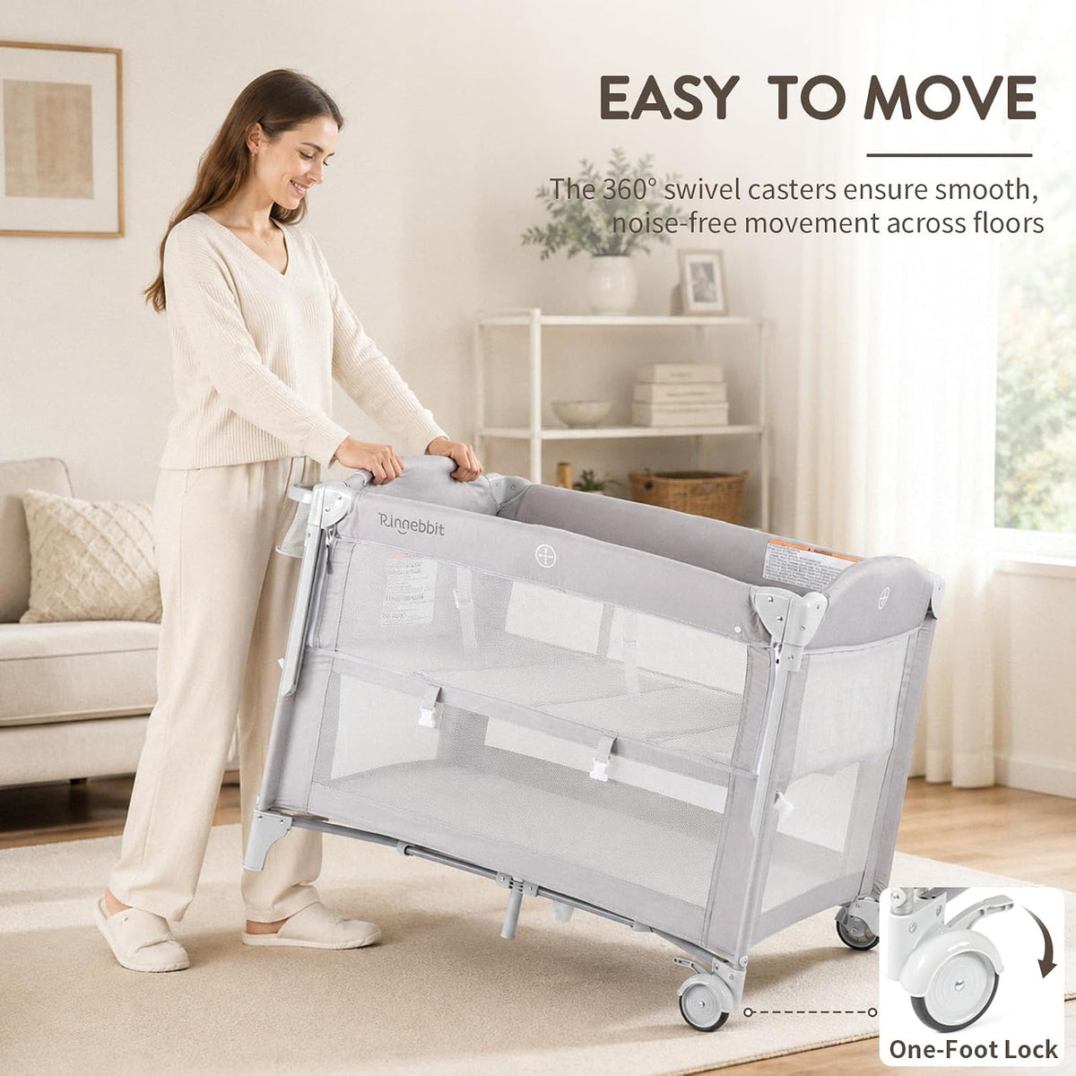 (New) Rinnebbit 4-in-1 Pack and Play, Baby Bassinet Bedside Sleeper, Grey