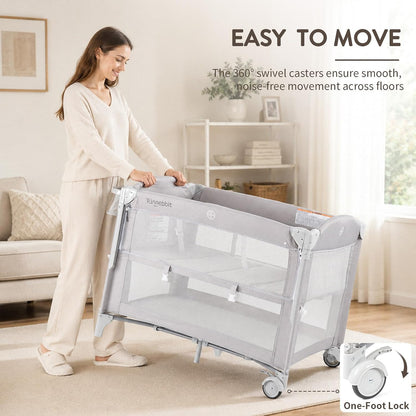 (New) Rinnebbit 4-in-1 Pack and Play, Baby Bassinet Bedside Sleeper, Grey