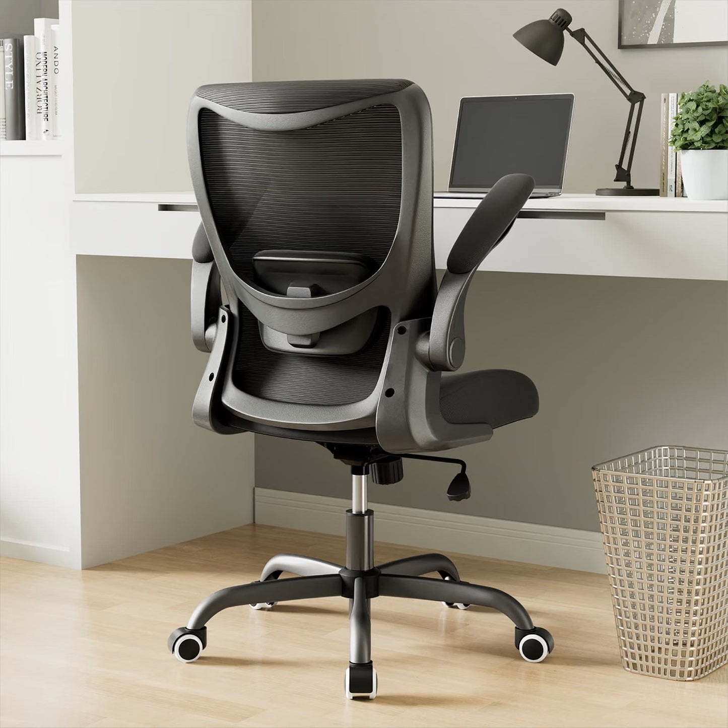 (New) Office Chair, Ergonomic Desk Chair with Adjustable Lumbar Support and Flip up Armrest, Breathable Mesh Computer Chair for Home Office, Black