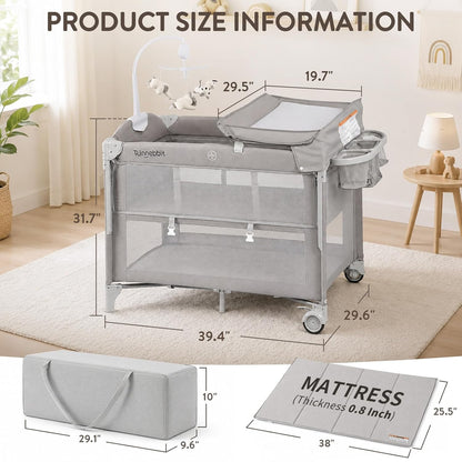 (New) Rinnebbit 4-in-1 Pack and Play, Baby Bassinet Bedside Sleeper, Grey