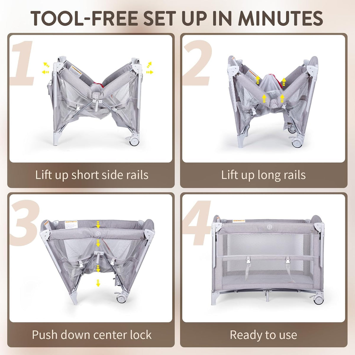 (New) Rinnebbit 4-in-1 Pack and Play, Baby Bassinet Bedside Sleeper, Grey