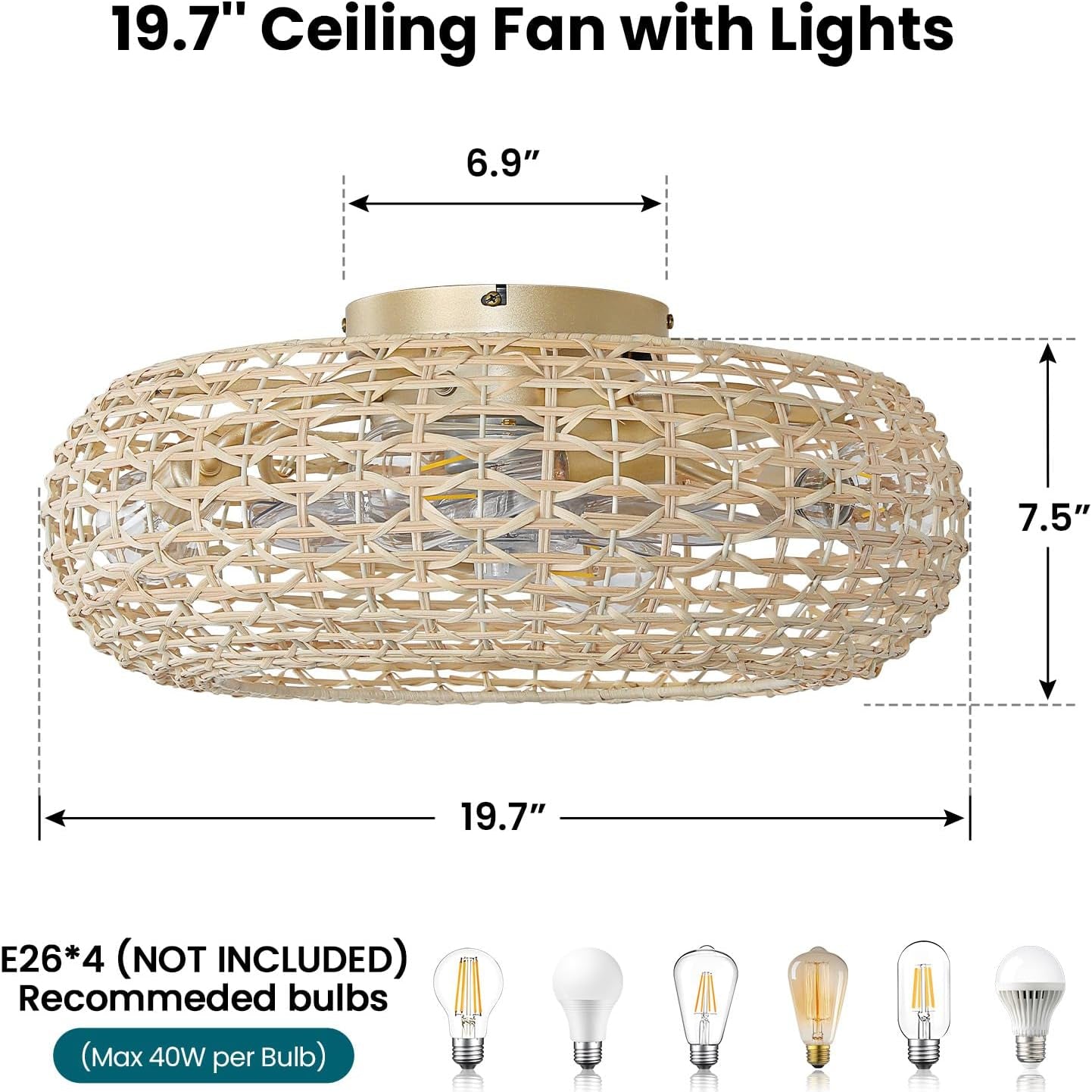 WOSHITU Rattan Caged Ceiling Fans Lights