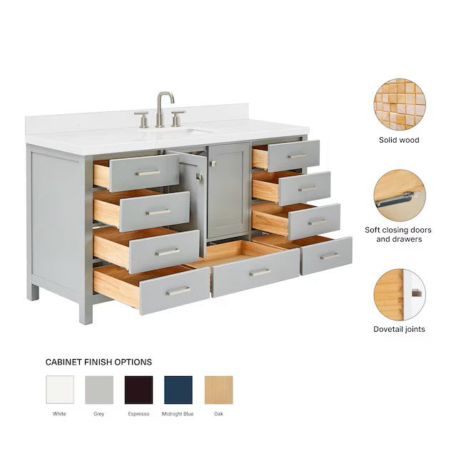 (New) ARIEL Cambridge 66-in Gray Undermount Single Sink Bathroom Vanity with Carrara White Quartz Quartz Top