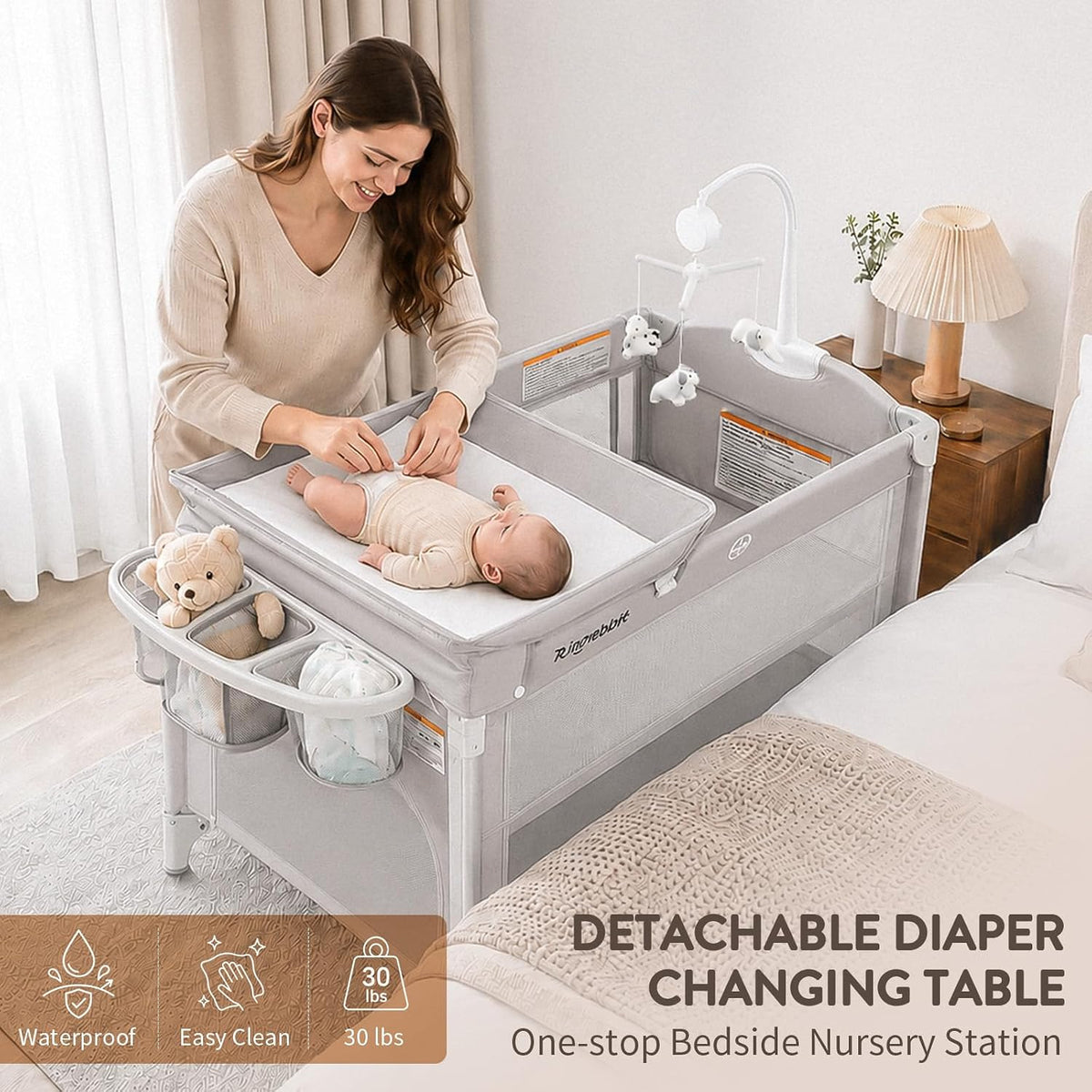 (New) Rinnebbit 4-in-1 Pack and Play, Baby Bassinet Bedside Sleeper, Grey