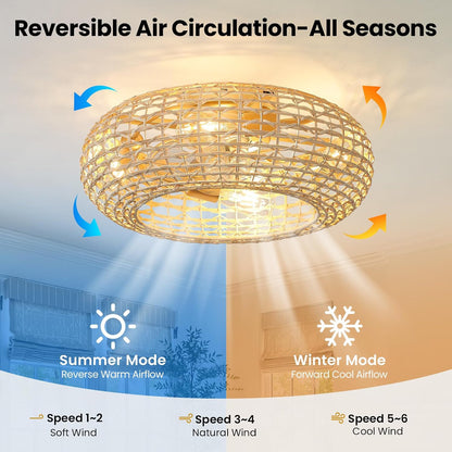 WOSHITU Rattan Caged Ceiling Fans Lights