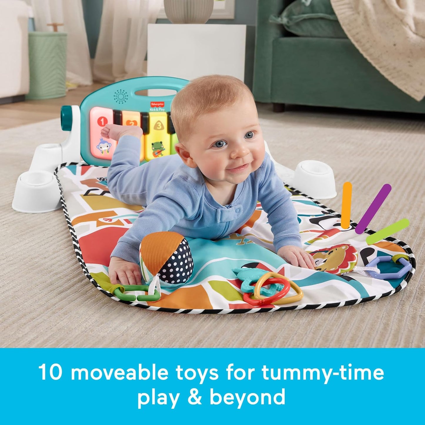 (New) Fisher-Price Baby Playmat Glow and Grow Kick & Play Piano Gym, Blue Musical Learning Toy with Developmental Activities for Newborns 0+ Months