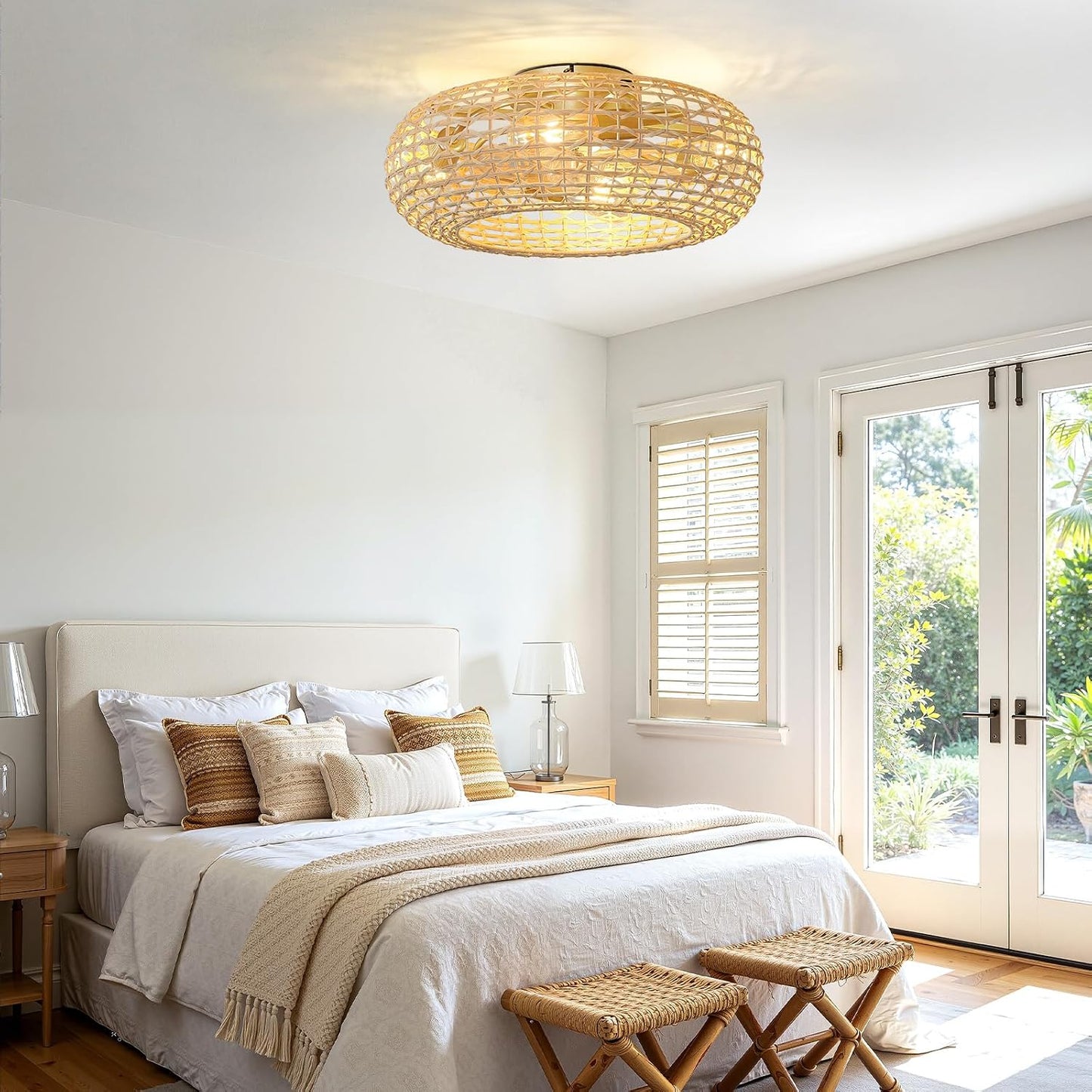 WOSHITU Rattan Caged Ceiling Fans Lights
