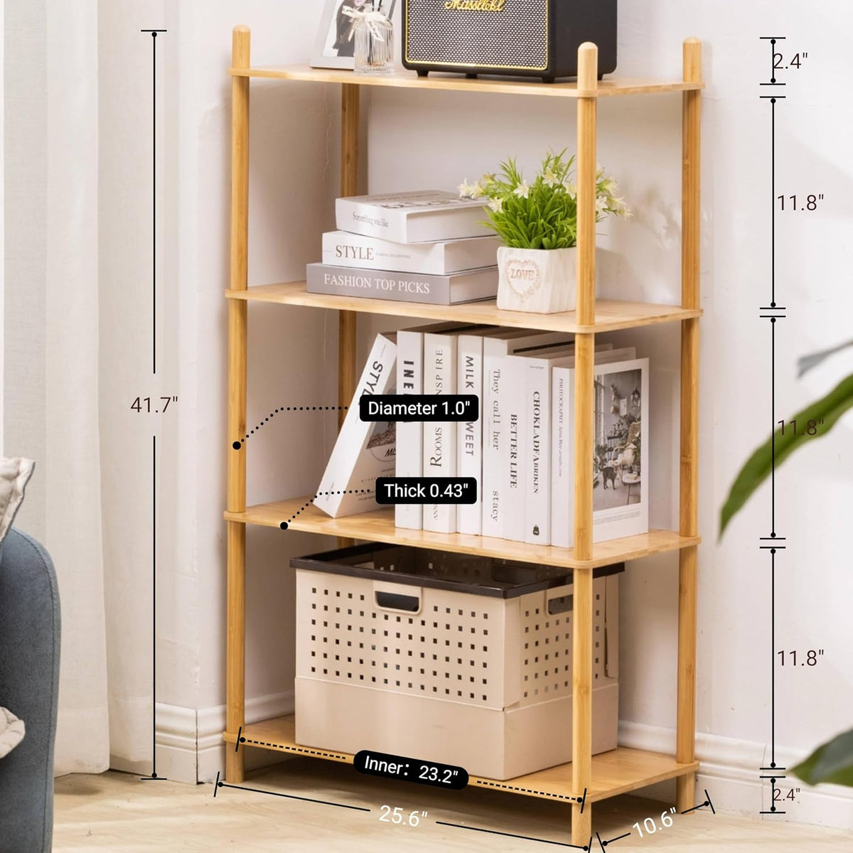4‑Tier Expandable Freestanding Bamboo Bookshelf