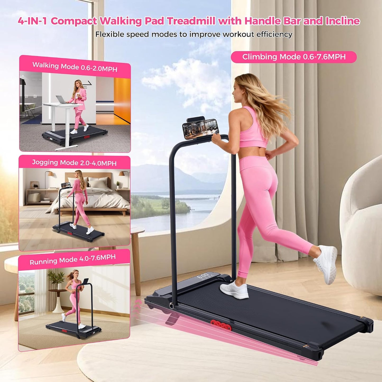 Walking Pad with Incline and Handle Bar