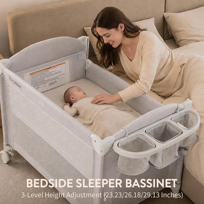 (New) Rinnebbit 4-in-1 Pack and Play, Baby Bassinet Bedside Sleeper, Grey