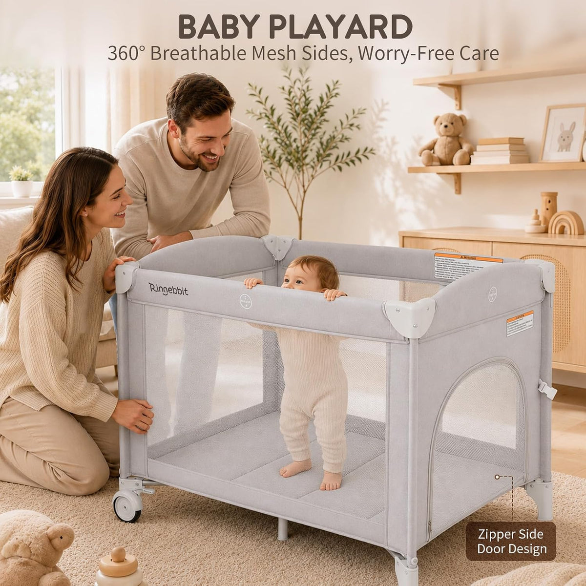 (New) Rinnebbit 4-in-1 Pack and Play, Baby Bassinet Bedside Sleeper, Grey