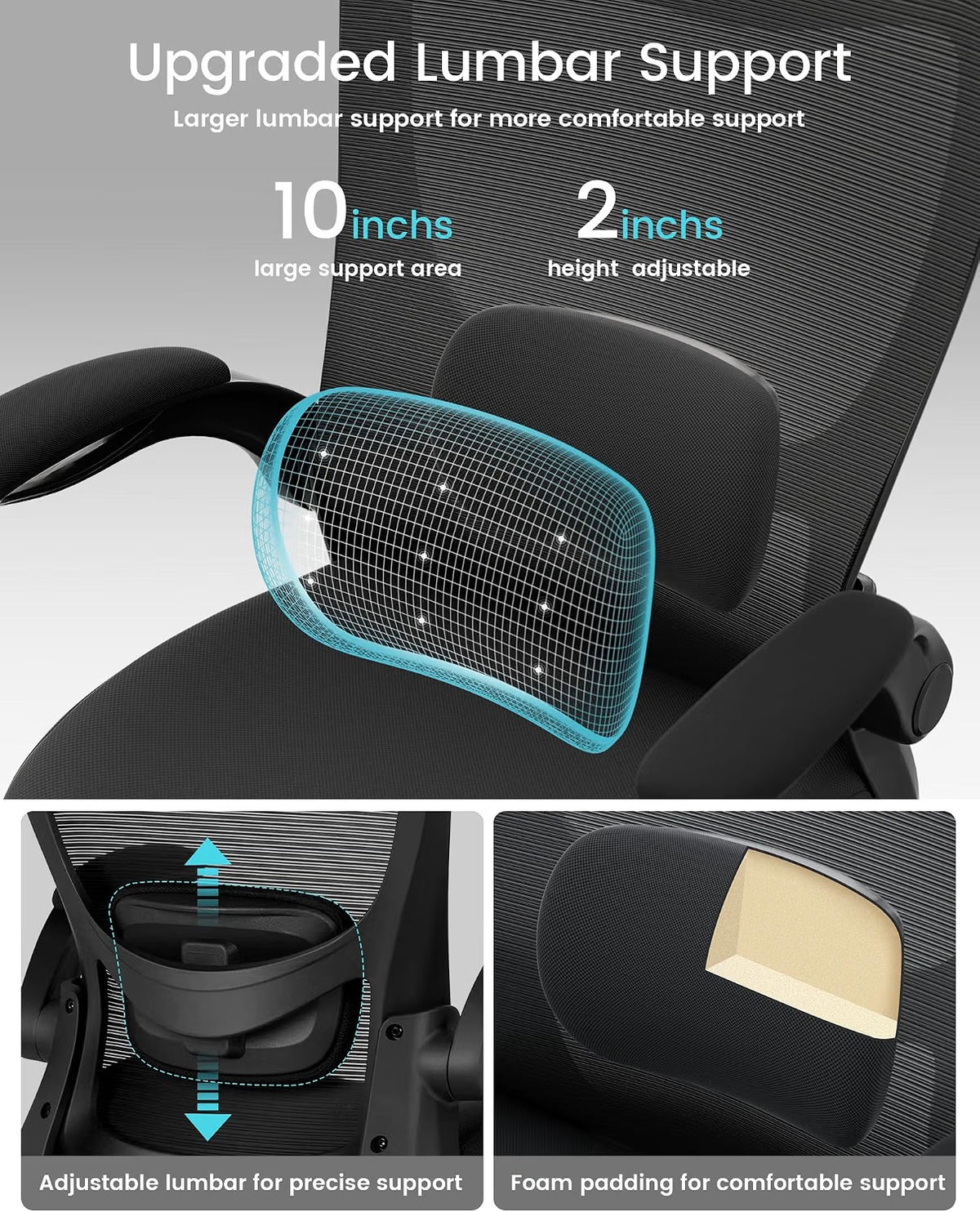 (New) Office Chair, Ergonomic Desk Chair with Adjustable Lumbar Support and Flip up Armrest, Breathable Mesh Computer Chair for Home Office, Black