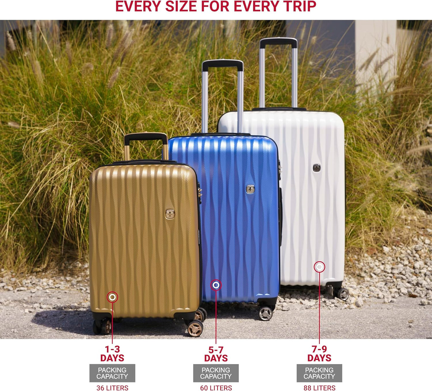 (New) SwissGear 7272 Energie Expandable Hardside Luggage with Spinner Wheels and TSA Lock, Light Gold, 3-Piece Set (19/24/27)
