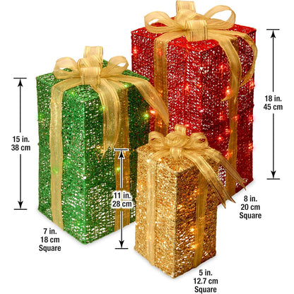 National Tree Company lit Artificial Christmas Décor 3-Piece Set Includes Pre-Strung White Mini Lights Sisal Gift Boxes