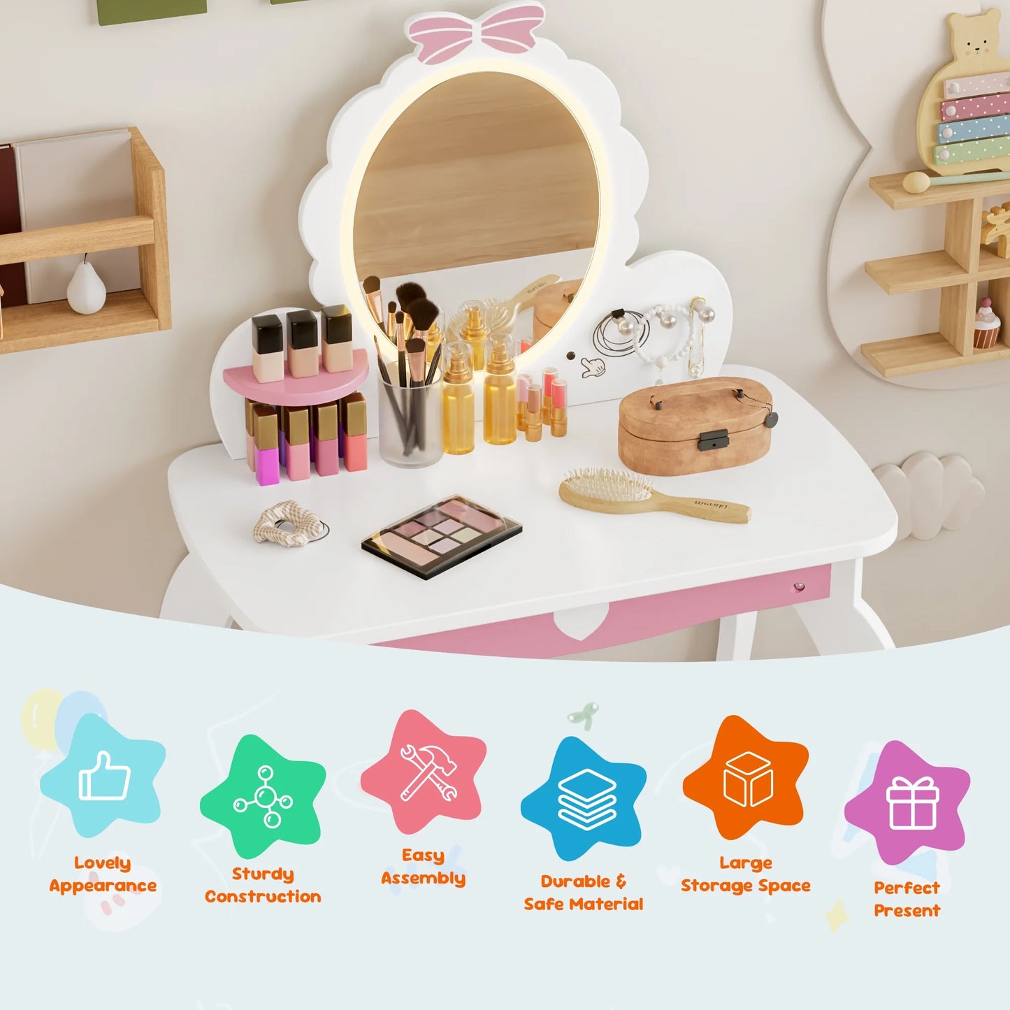(New) Joywind Kids Princess Vanity, Mirror and Stool Table Set White Bow