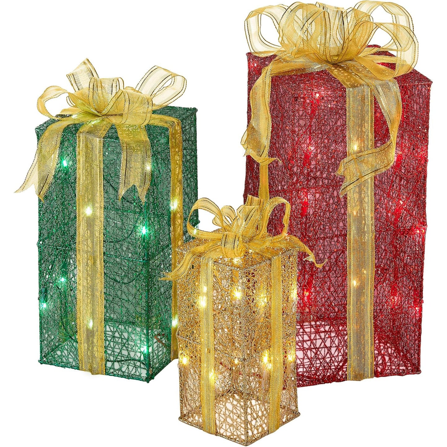 National Tree Company lit Artificial Christmas Décor 3-Piece Set Includes Pre-Strung White Mini Lights Sisal Gift Boxes