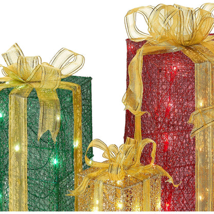 National Tree Company lit Artificial Christmas Décor 3-Piece Set Includes Pre-Strung White Mini Lights Sisal Gift Boxes