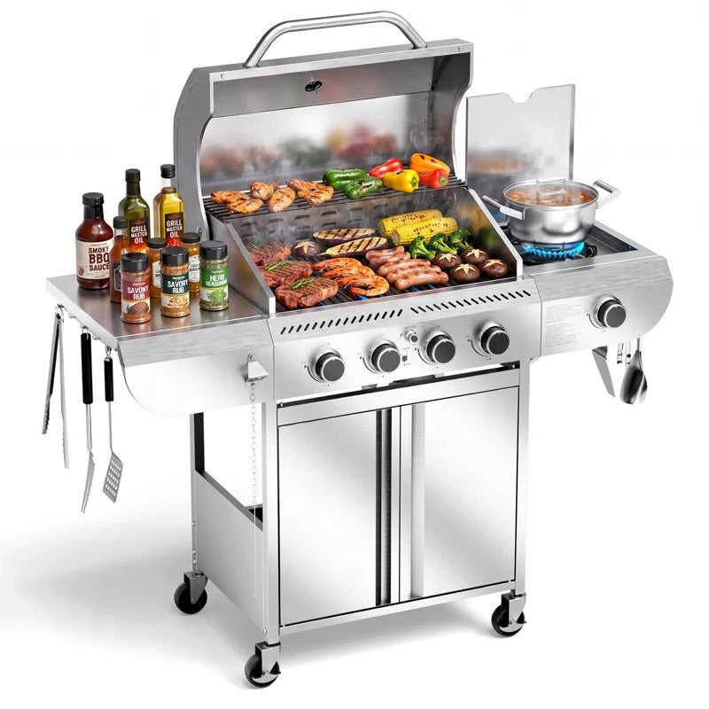 (New) COWSAR Stainless steel Style 4B 4 -Burner Liquid Propane Gas Grill 1 -Side Burner