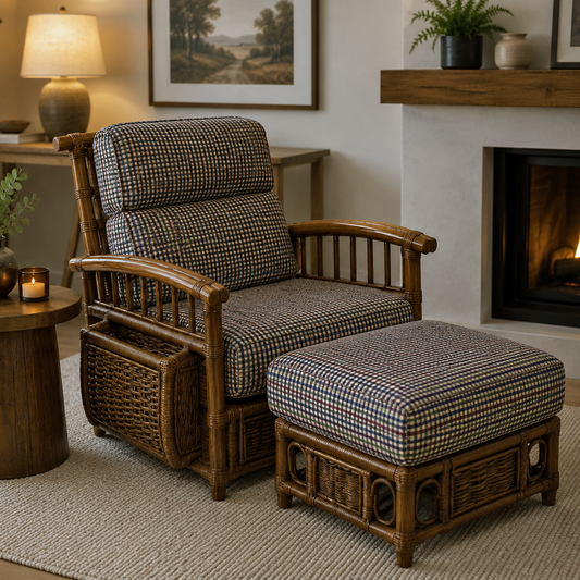 Vintage Palecek Rattan Lounge Chair w/ Ottoman