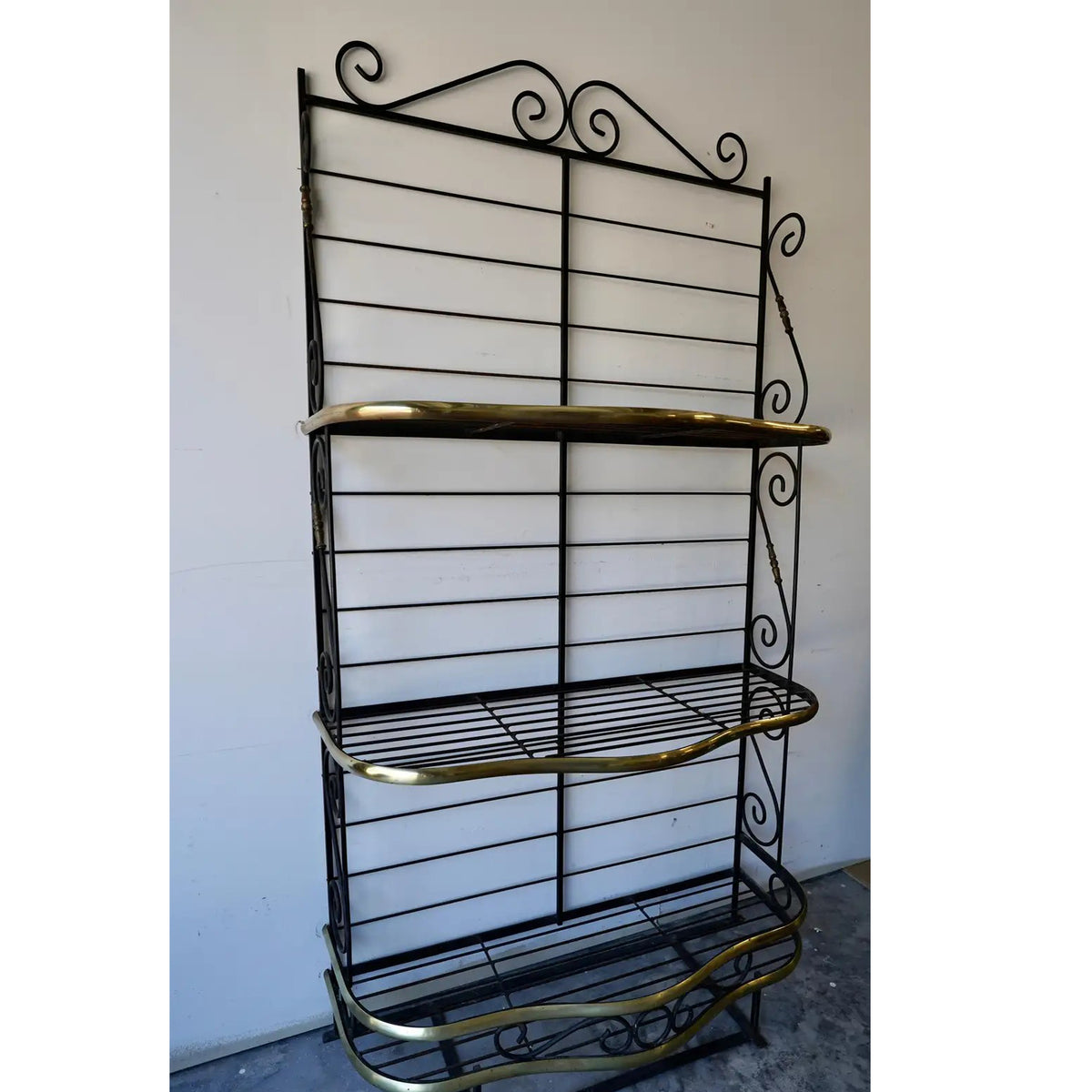 Vintage French Bakers Rack 3 Tier Scrolling Wrought Iron and Brass Etagere