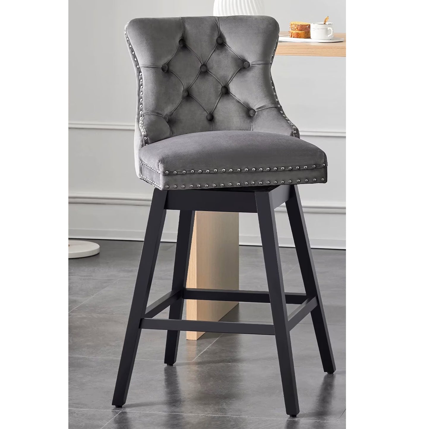 (New) 26 in. Gray Velvet Upholstered Counter Height Bar Swivel Stool