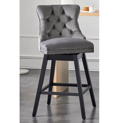 (New) 26 in. Gray Velvet Upholstered Counter Height Bar Swivel Stool