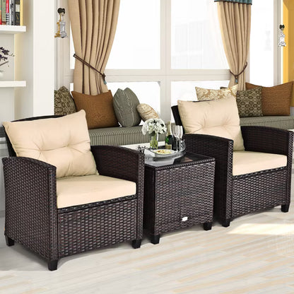 (New) 3PCS Patio Rattan Furniture Set Cushioned Conversation Set Sofa Coffee Table Beige