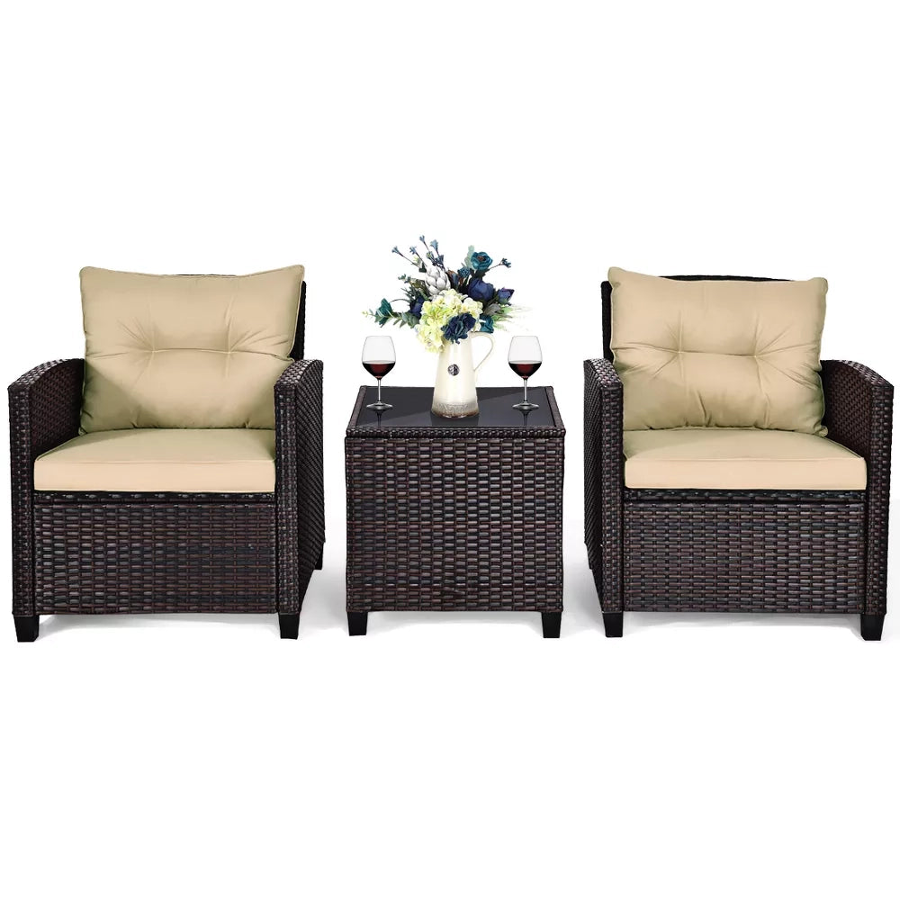 (New) 3PCS Patio Rattan Furniture Set Cushioned Conversation Set Sofa Coffee Table Beige