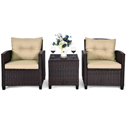 (New) 3PCS Patio Rattan Furniture Set Cushioned Conversation Set Sofa Coffee Table Beige
