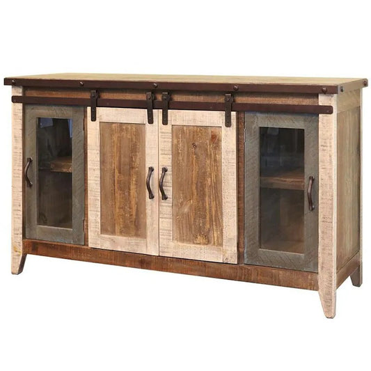 Rustic wooden media console with three doors, glass-paneled outer doors, dark metal handles, and a sliding bar detail on top, shown on a white background.