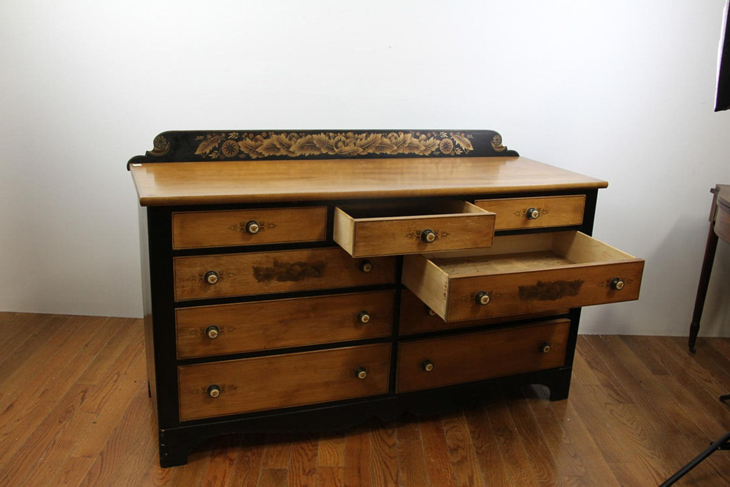Hitchcock Maple & Black 9 Drawer Dresser with Stenciling