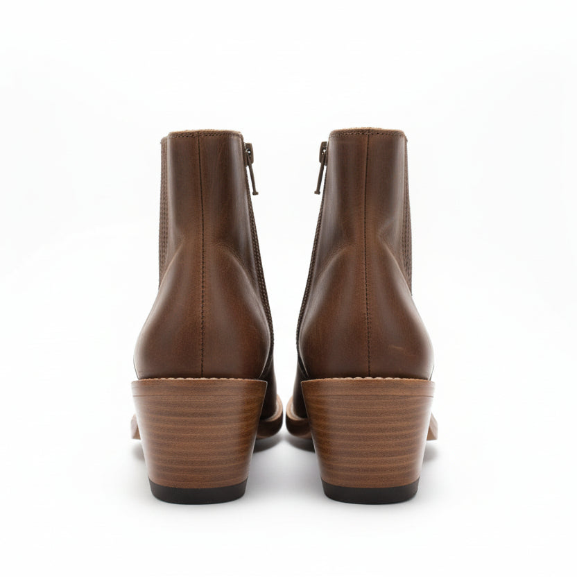 Patina Brown Leather Block Heel Ankle Booties