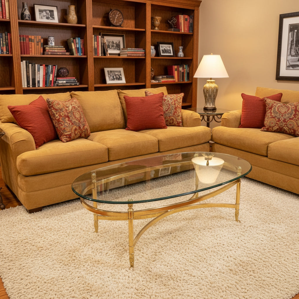 Vintage Mid Century Labarge Style Brass and Glass Oval Coffee Table