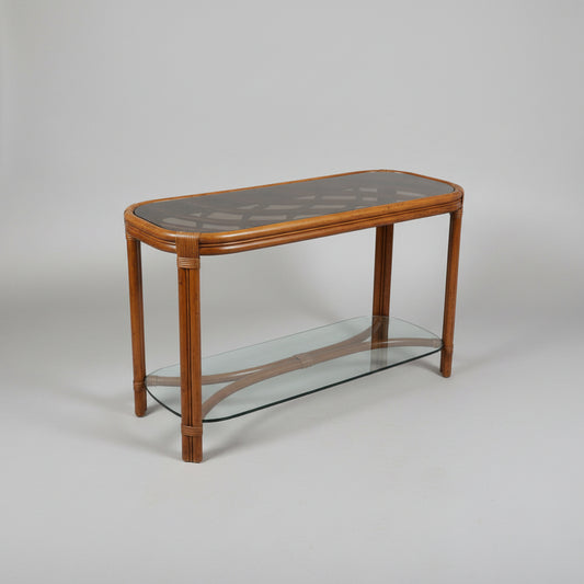 Vintage 1970's Lane Venture Rattan and Glass Console Table