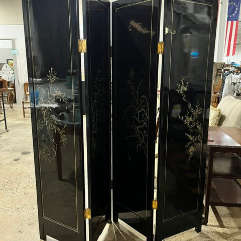 Vintage Four-Panel Chinese Black Lacquer Mother of Pearl Divider Screen