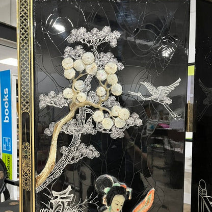 Vintage Four-Panel Chinese Black Lacquer Mother of Pearl Divider Screen