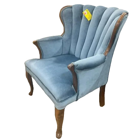 Blue  Upholstered Shell Back Armchair with Carved Wood