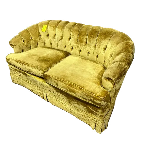 Vintage Mid-Century Flexsteel Yellow Gold Velvet Sofa Couch Loveseat