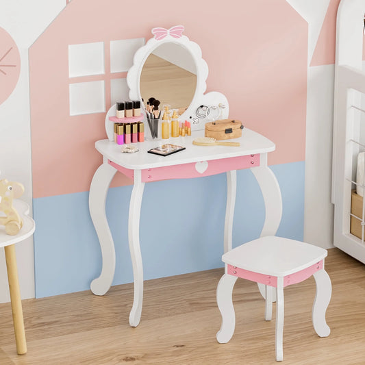 Joywind Kids Princess Vanity, Mirror and Stool Table Set White Bow